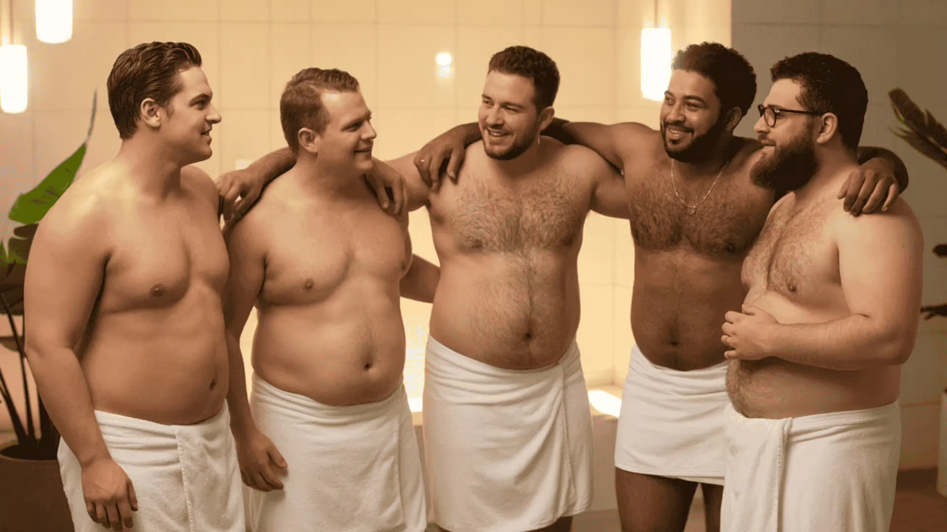 Three Sauna Bears guests relaxing together